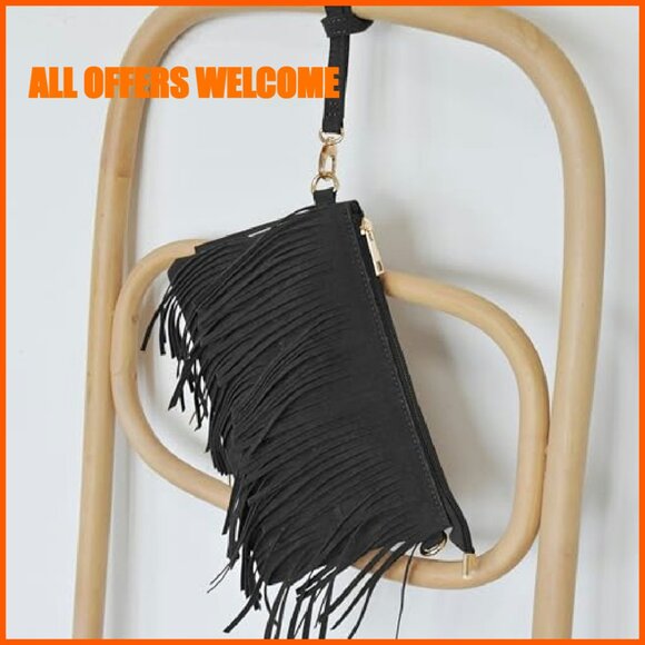 Fringe Crossbody Bag with Wristlet, Top Zip, Synthetic Faux Suede - Picture 4 of 8
